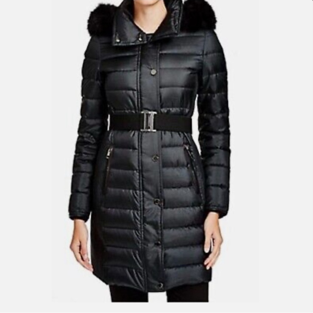 Black Burberry Abbeydale fur hooded puffer coat